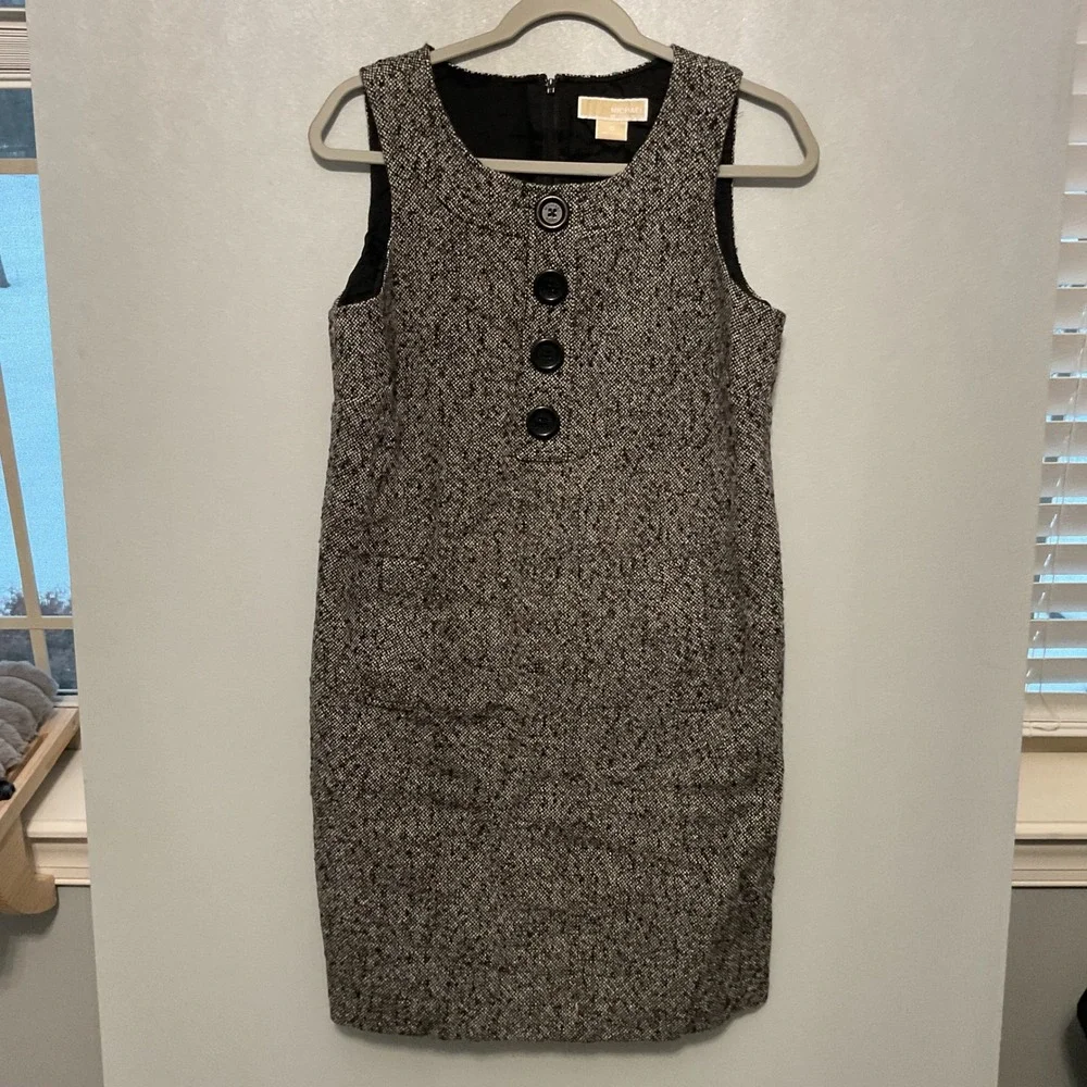 MICHAEL KORS‎ Tweed Sheath Dress Black White Sleeveless Button Detail Size 10